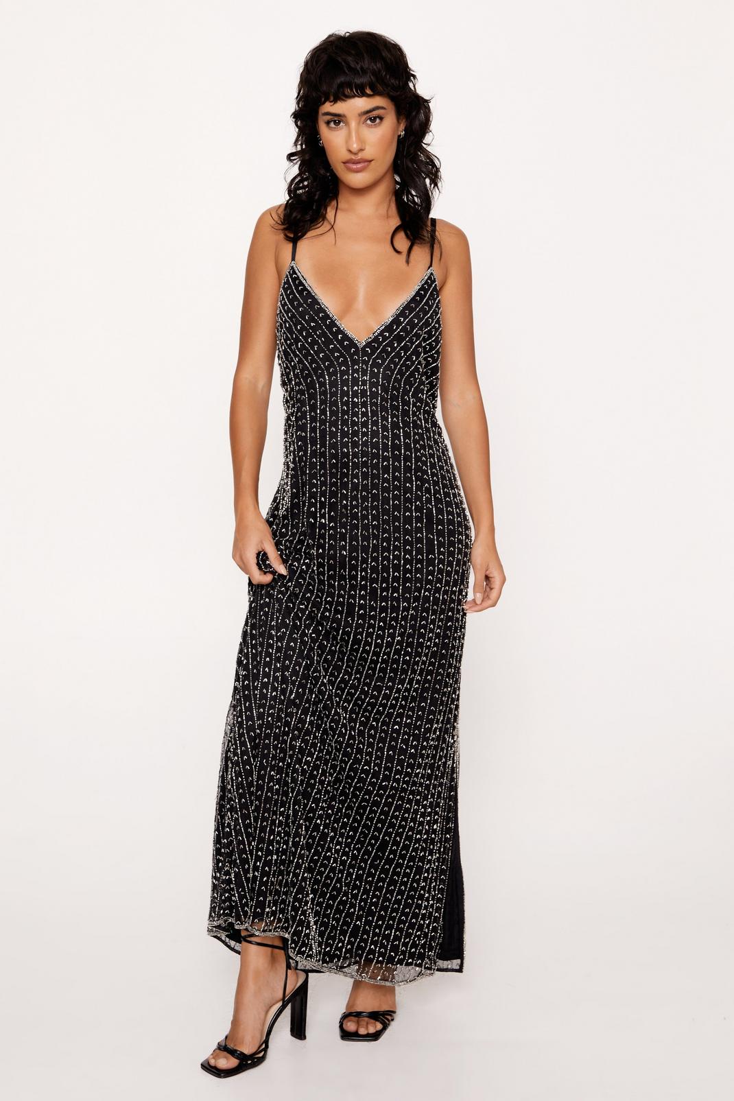 Black Strappy Beaded Maxi Dress image number 1