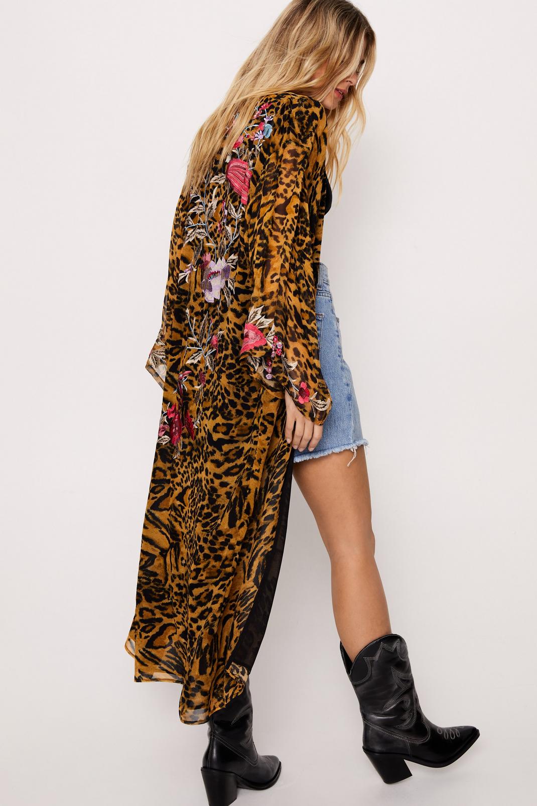Brown Leopard Embroidered Kimono image number 1