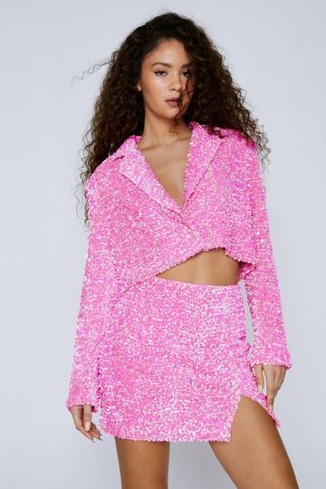 Pink Premium Velvet Sequin Cropped Blazer