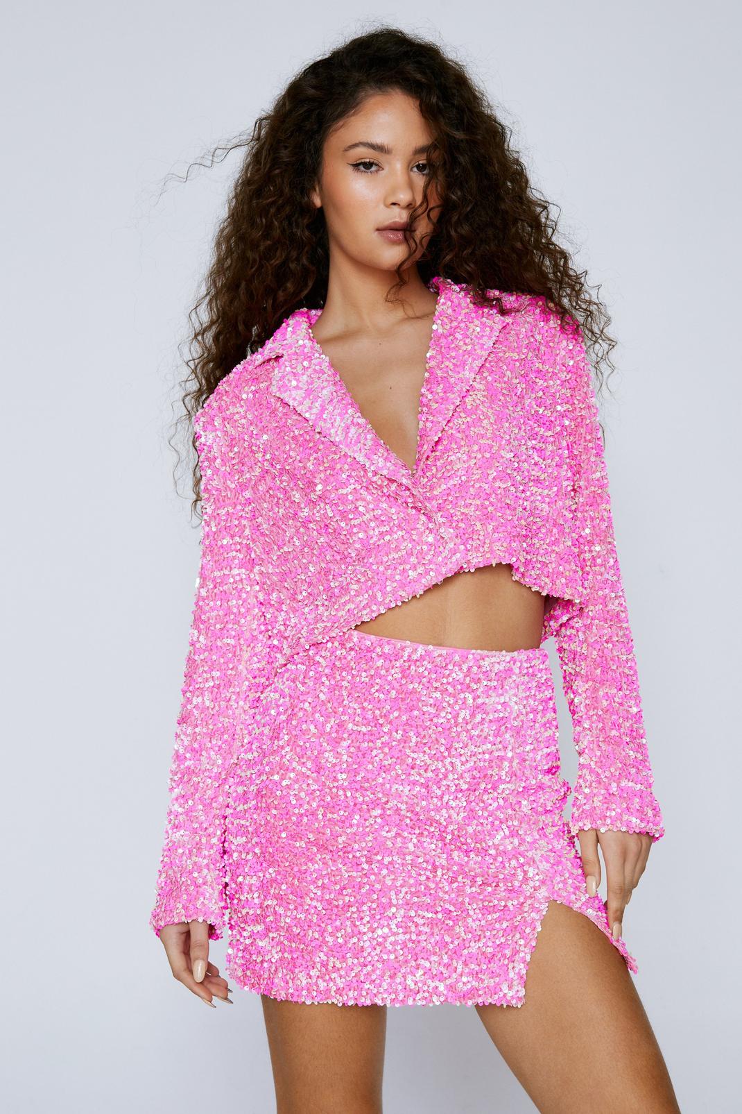 Pink Premium Velvet Sequin Cropped Blazer image number 1