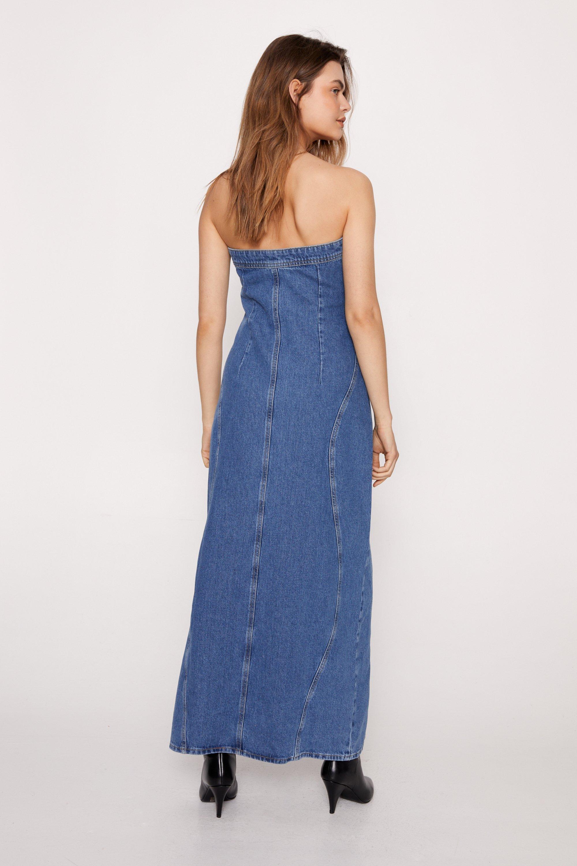 Seam Detail Split Front Denim Bandeau Maxi Dress