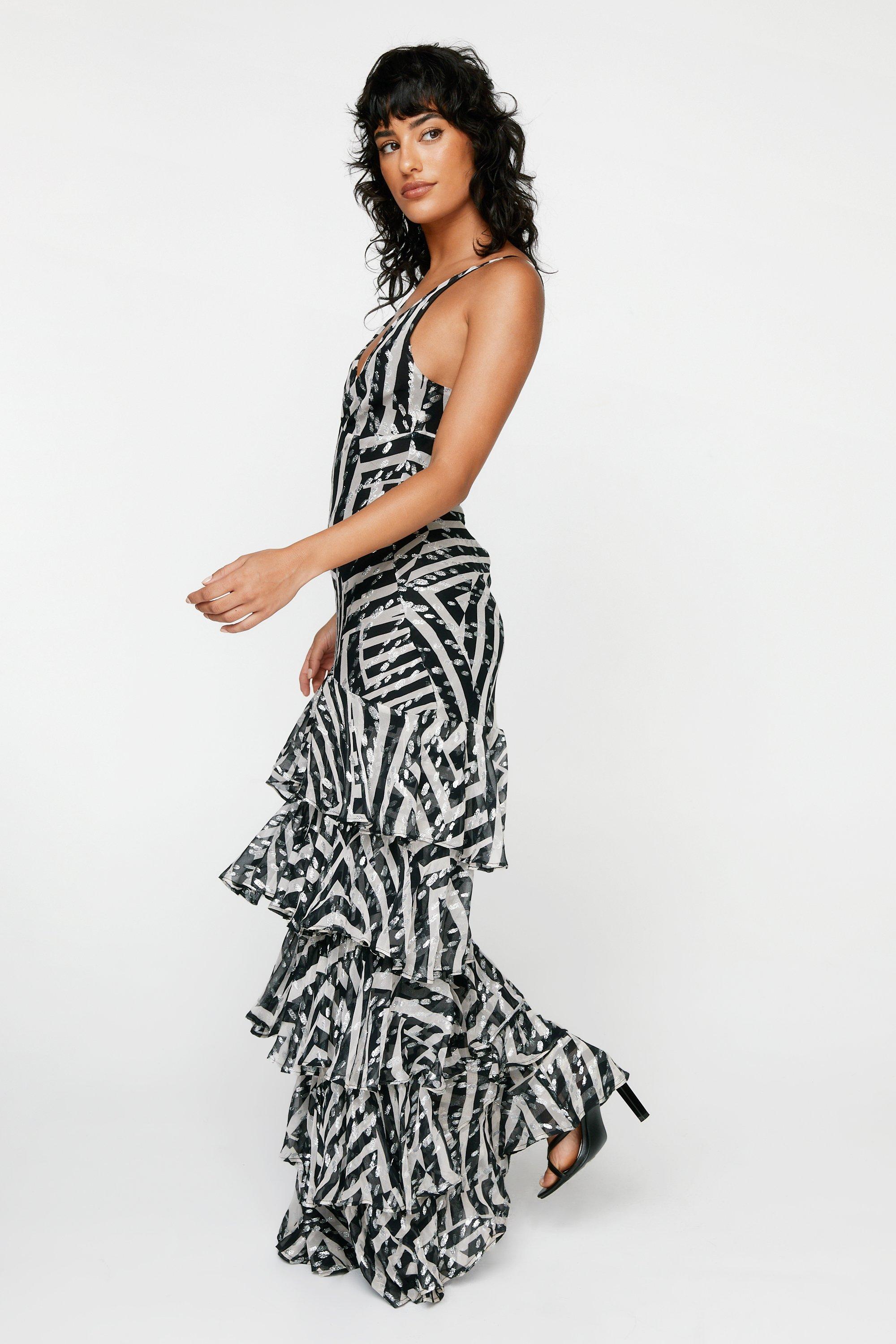 Strappy Ruffle Abstract Metallic Maxi Dress