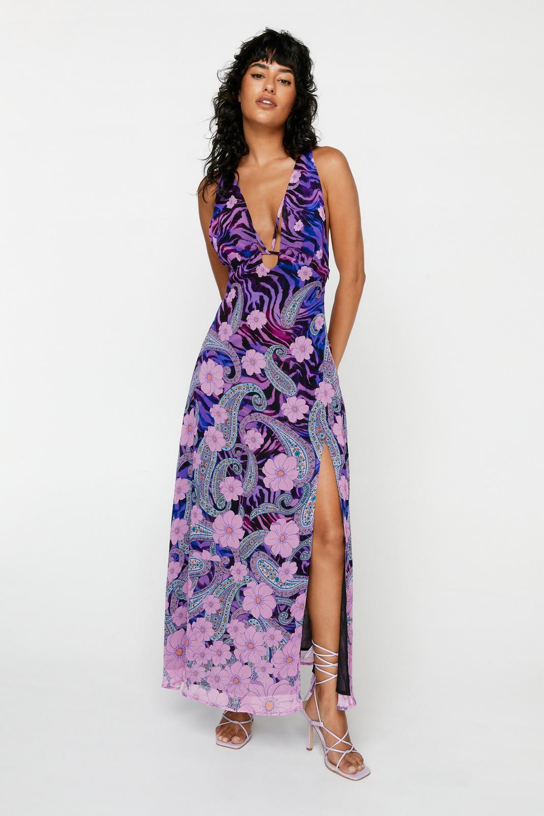 Purple Floral Strappy Back Side Split Maxi Dress image number 1