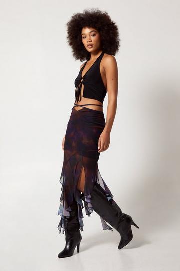 Asymmetric Strappy Waist Mesh Midi Skirt purple