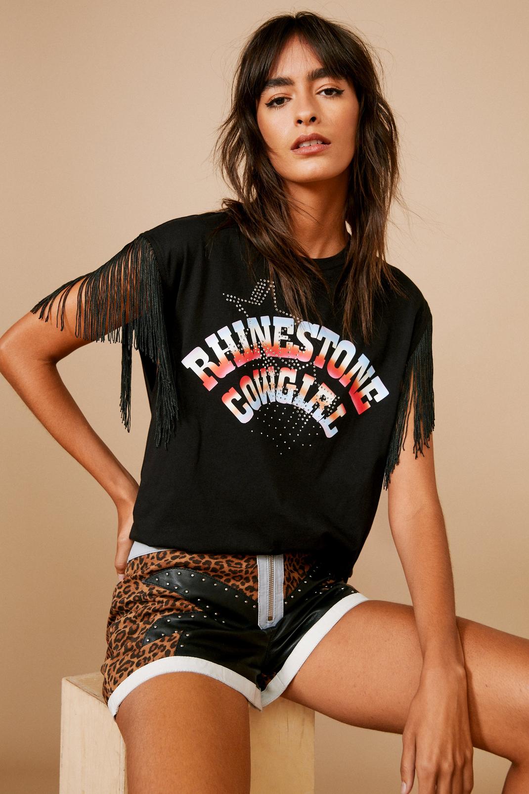 T-shirt strassé à slogan Rhinestone Cowgirl et manches à franges , Black image number 1