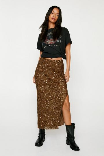 Gold Metallic Sequin Split Maxi Skirt