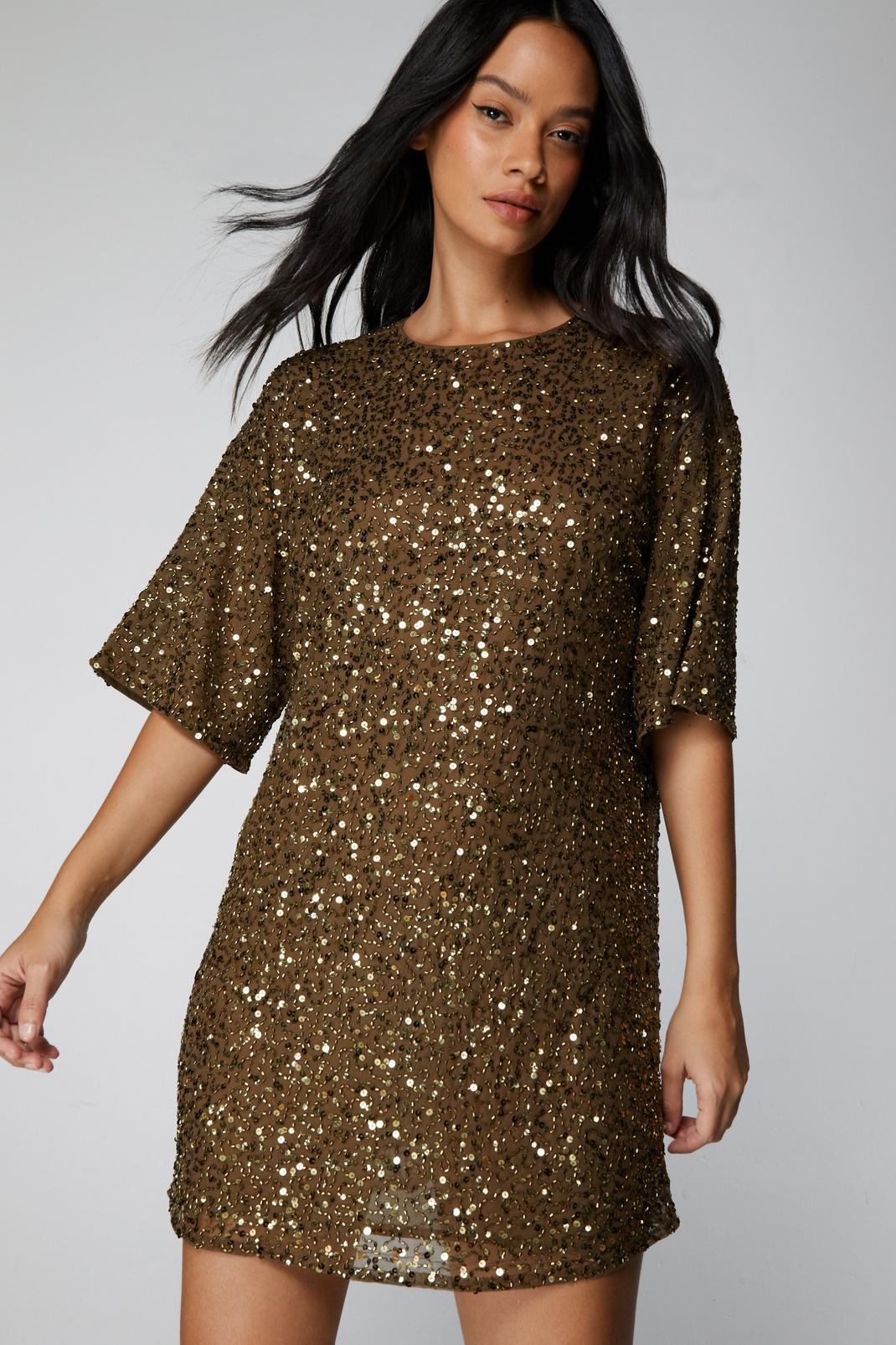 Gold Cluster Sequin Slouch Shift Dress image number 1