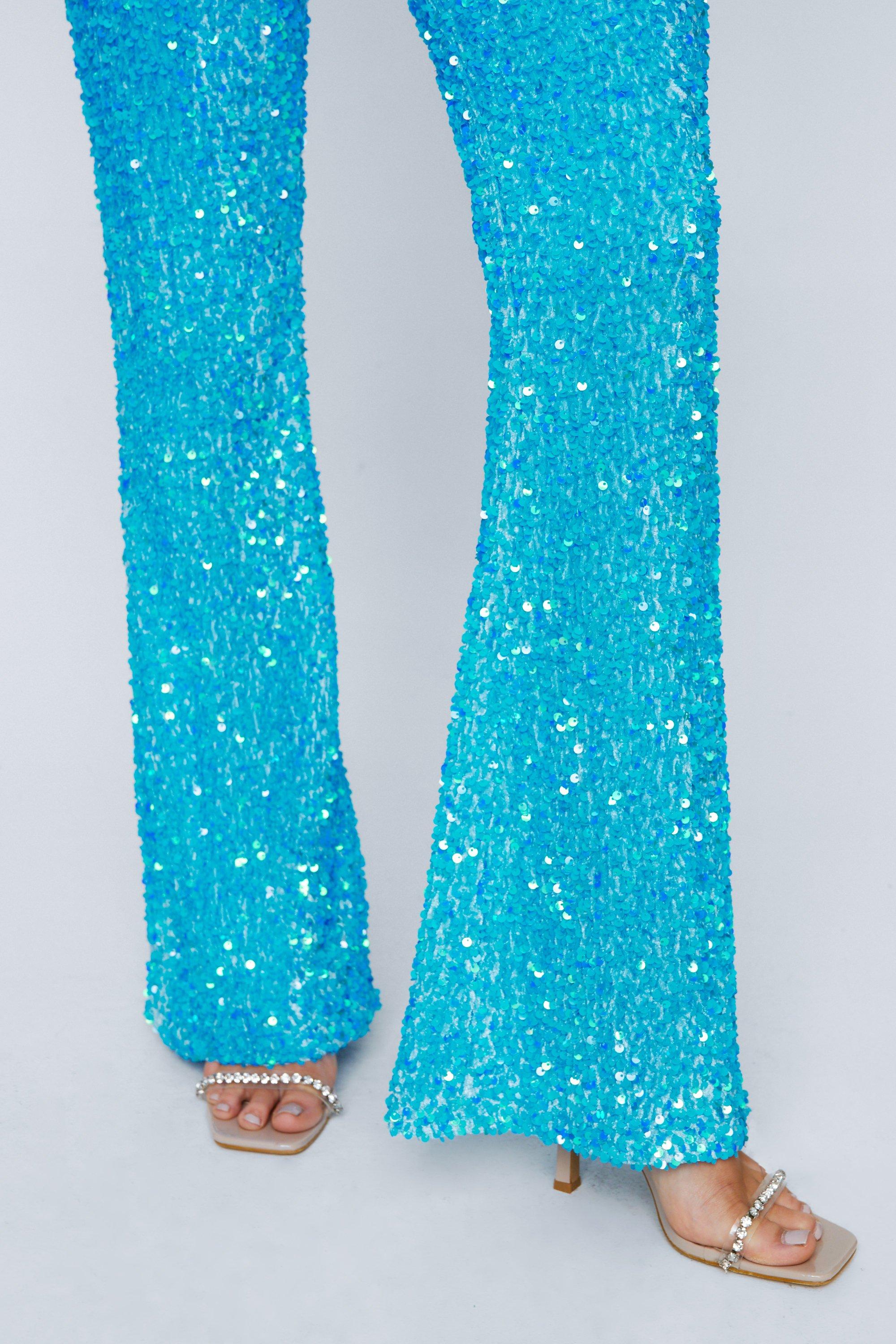 Deliza Pants - Mid Waisted Sequin Flare Pants in Mermaid Teal