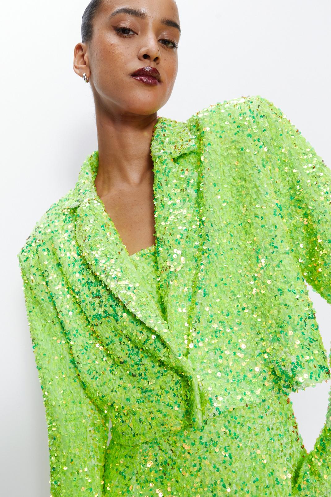 Green Premium Two Piece Sequin Cropped Blazer image number 1