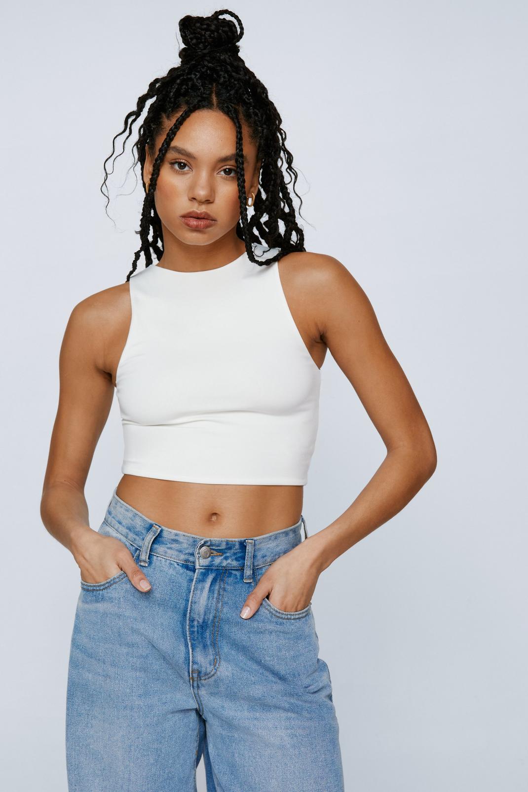 White Slinky Cropped Sleeveless Tank Top image number 1