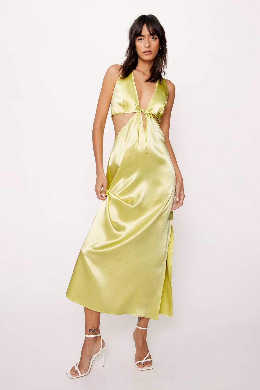 Lime Satin Halterneck Cut Away Maxi Dress image number 1