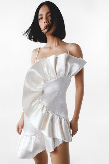 White Ruffle Detail Hammered Satin Bonded Mini Dress