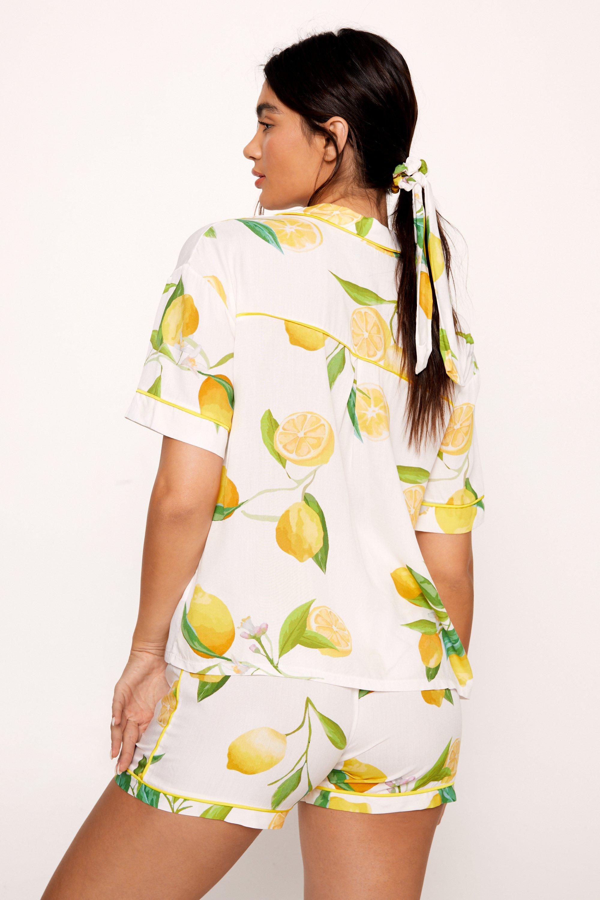 Cotton Lemon Print Pajama Shirt Shorts Scrunchie 3Pc Set