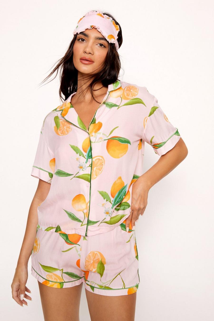 Cotton Orange Print Pajama Shirt Shorts & Eyemask 3Pc Set