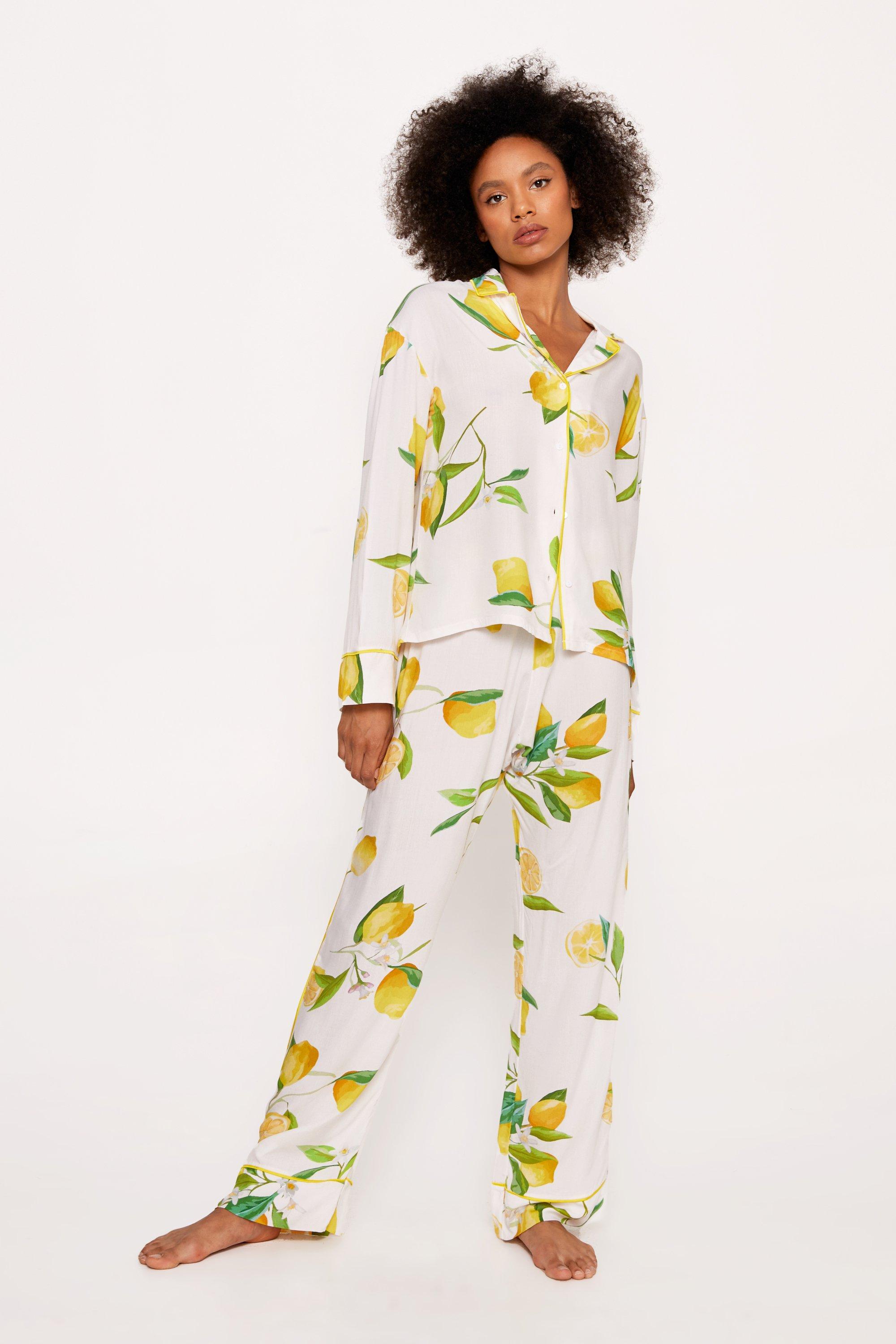 Cotton Lemon Print Pajama Shirt And Pants Set