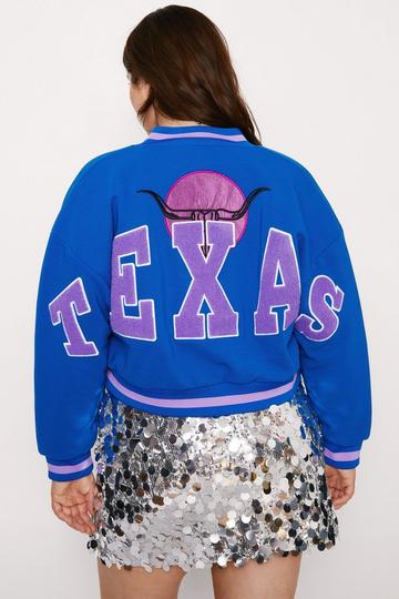 Plus Size Texas Back Knit Varsity Jacket blue