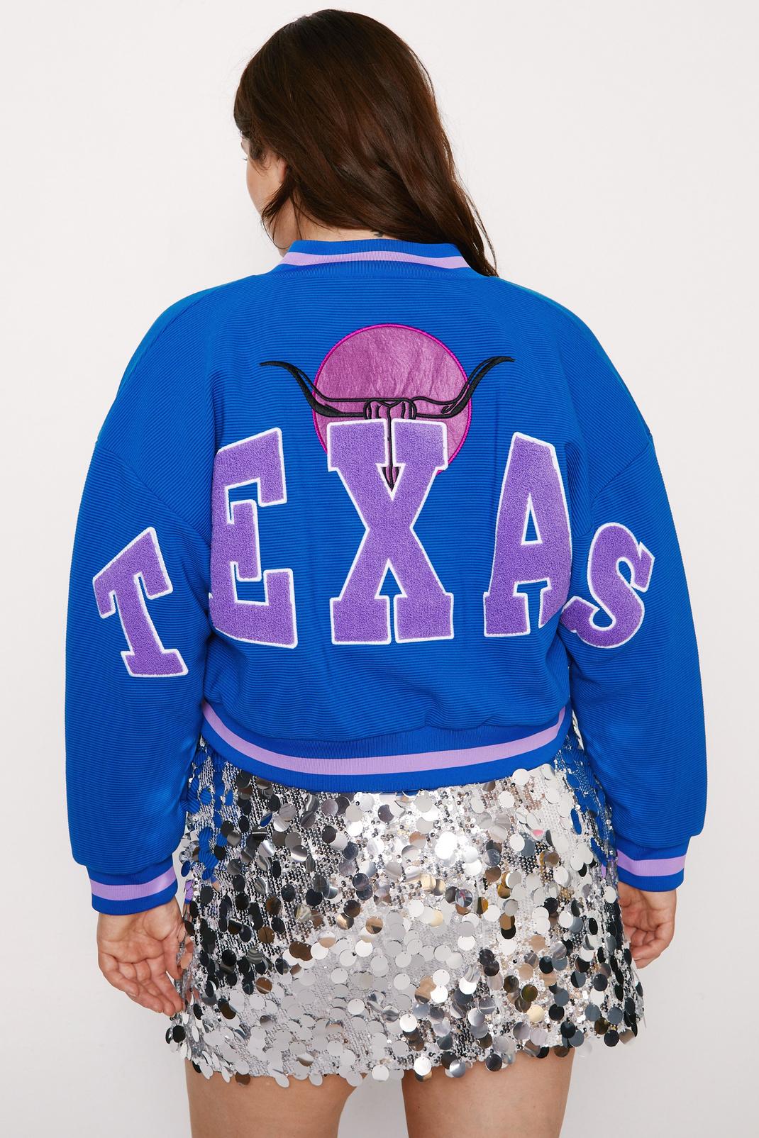 Blue Plus Size Texas Back Knit Varsity Jacket image number 1