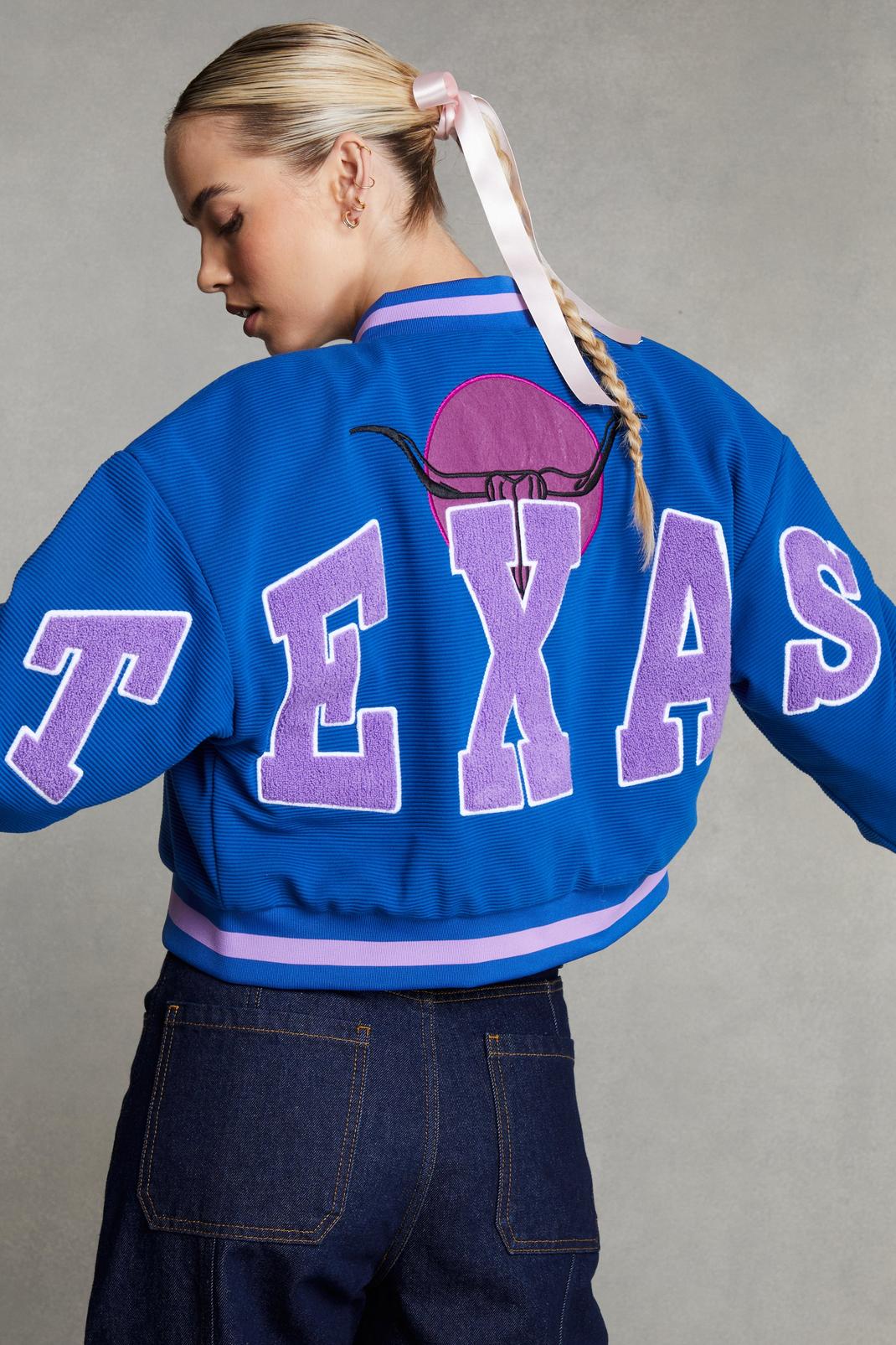 Bomber universitaire à slogan Texas au dos, Blue image number 1