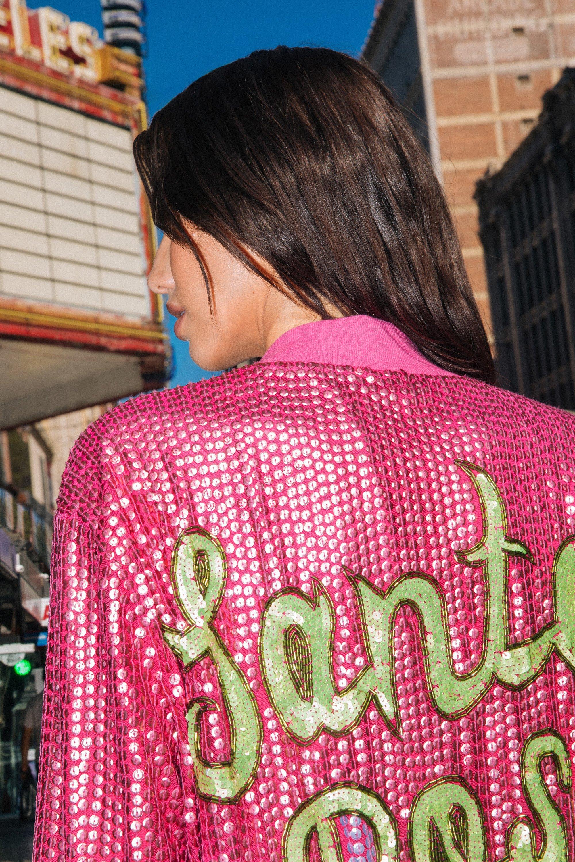 Pink glitter bomber jacket sale