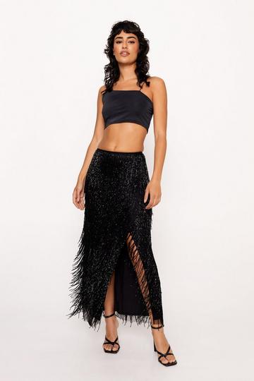 Black Premium Tassel Fringe Split Skirt