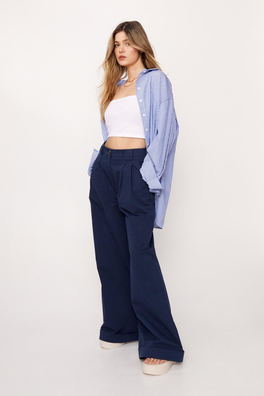 Navy Premium Heavy Cotton Tailored Wide Leg Pants image number 1