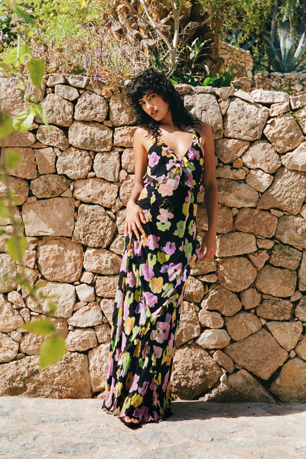 Black Pansy Floral Printed Ruffle Maxi Dress image number 1