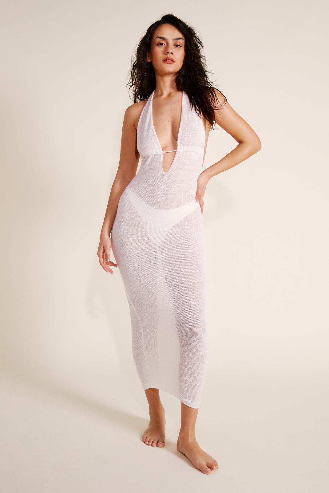White Sheer Knit Plunge Low Back Maxi Beach Dress image number 1