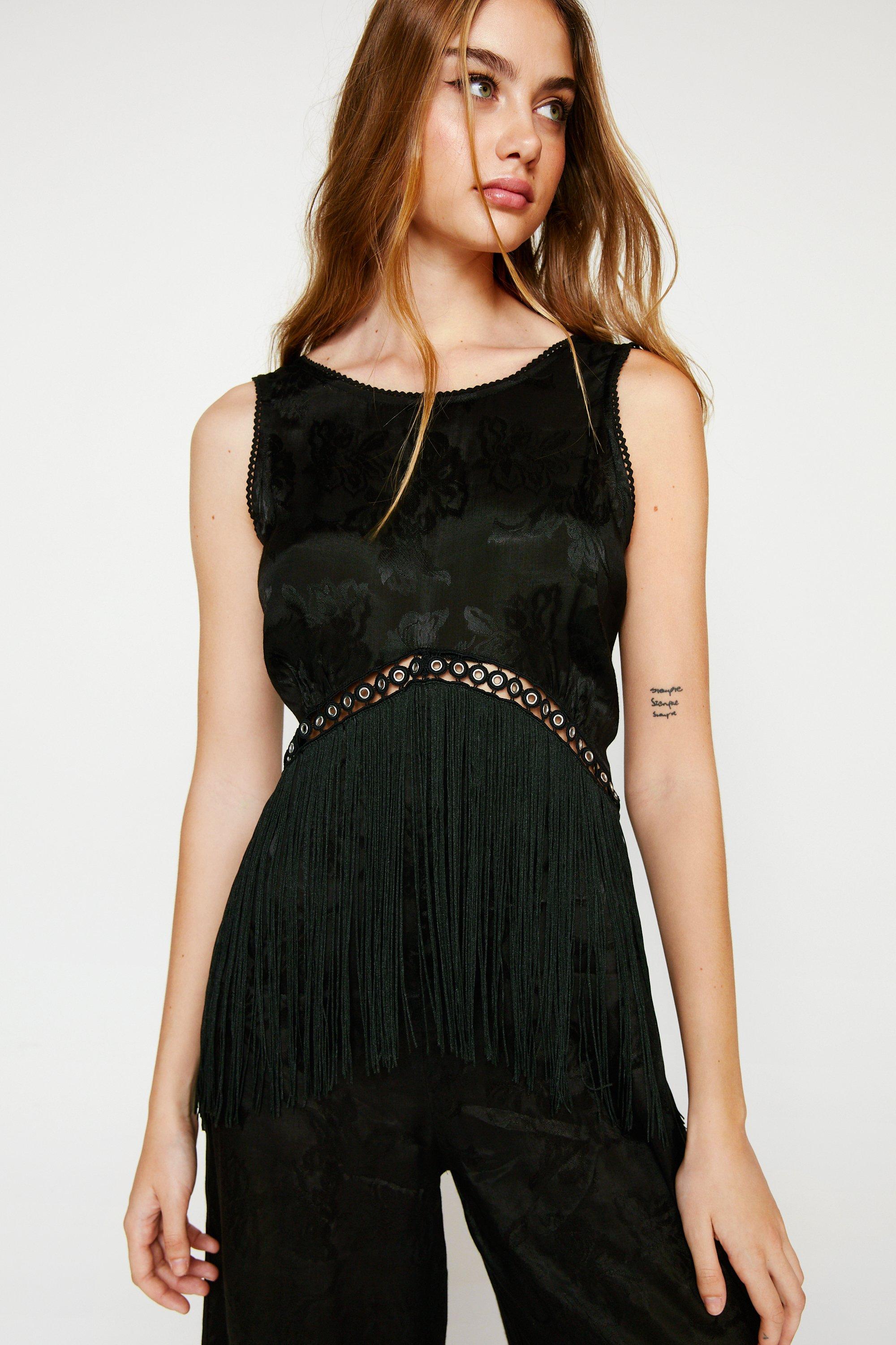 Fringe Satin Jacquard Wide Leg Jumpsuit