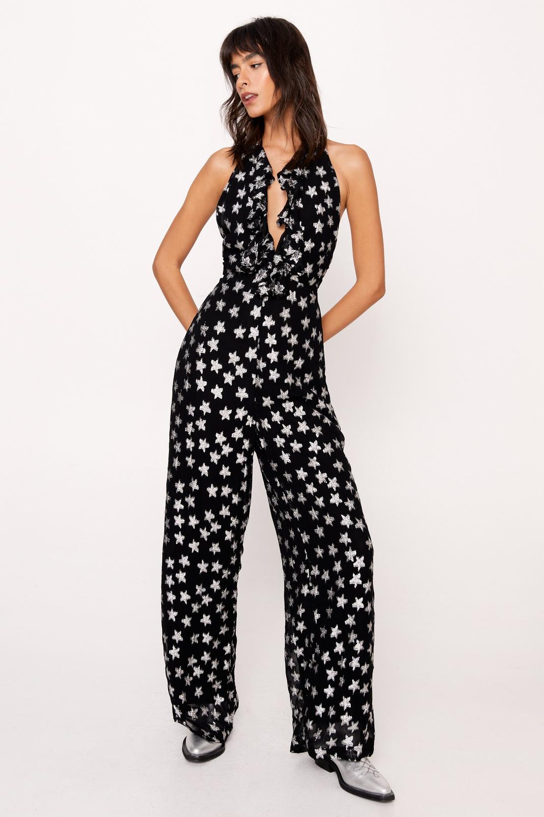 Black Metallic Star Halter Neck Jumpsuit image number 1