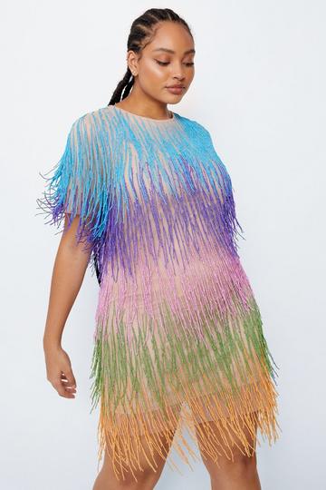 Plus Size Rainbow Tassel Fringe Shift Dress multi
