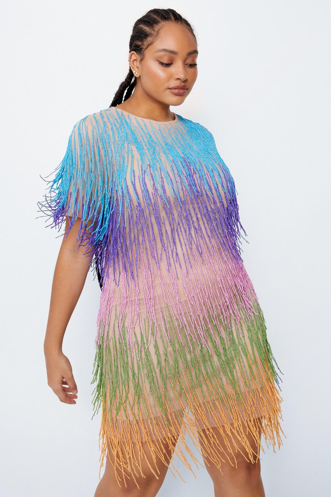 Multi Plus Size Rainbow Tassel Fringe Shift Dress image number 1