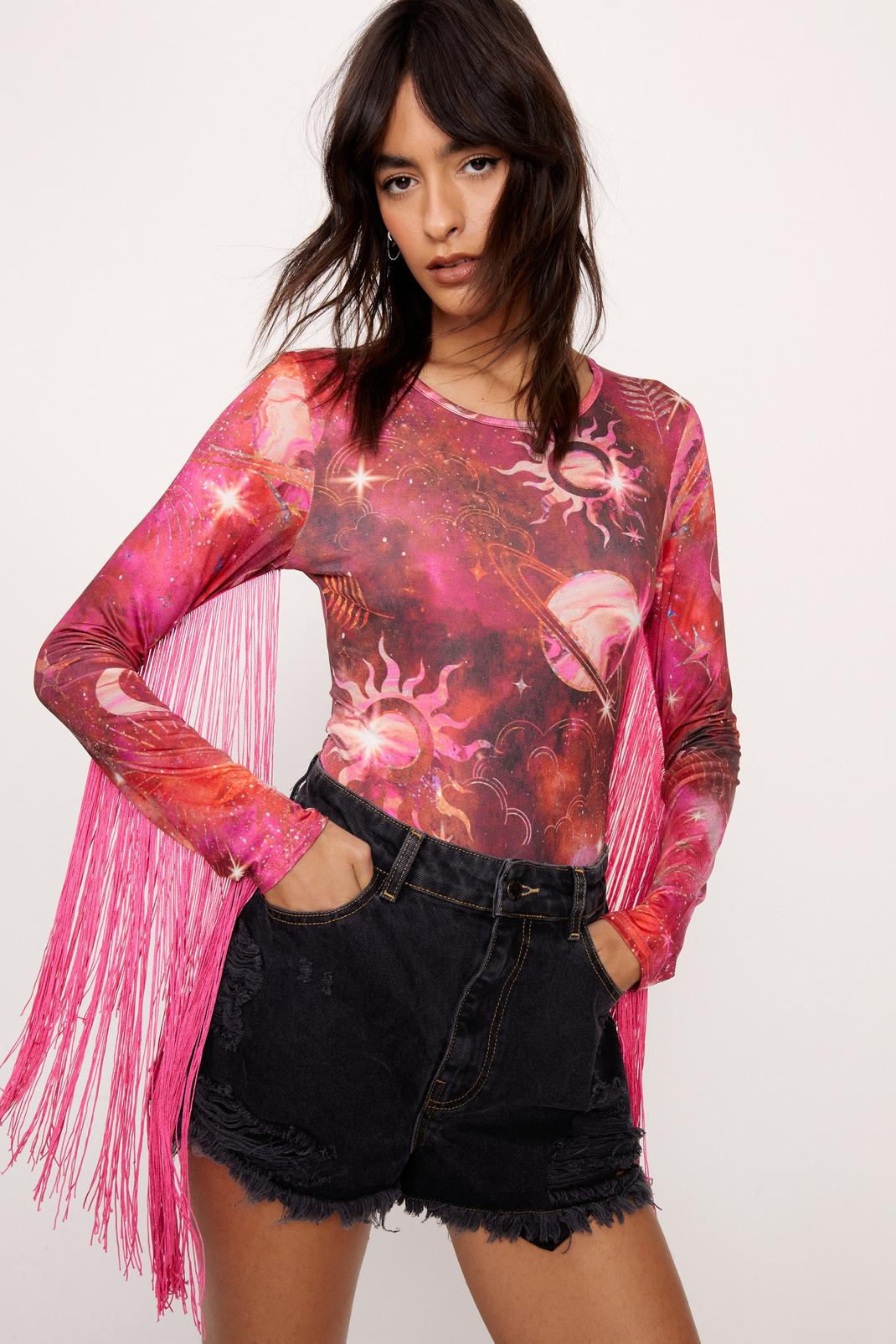 Pink Celestial Print Fringe Sleeve Bodysuit image number 1