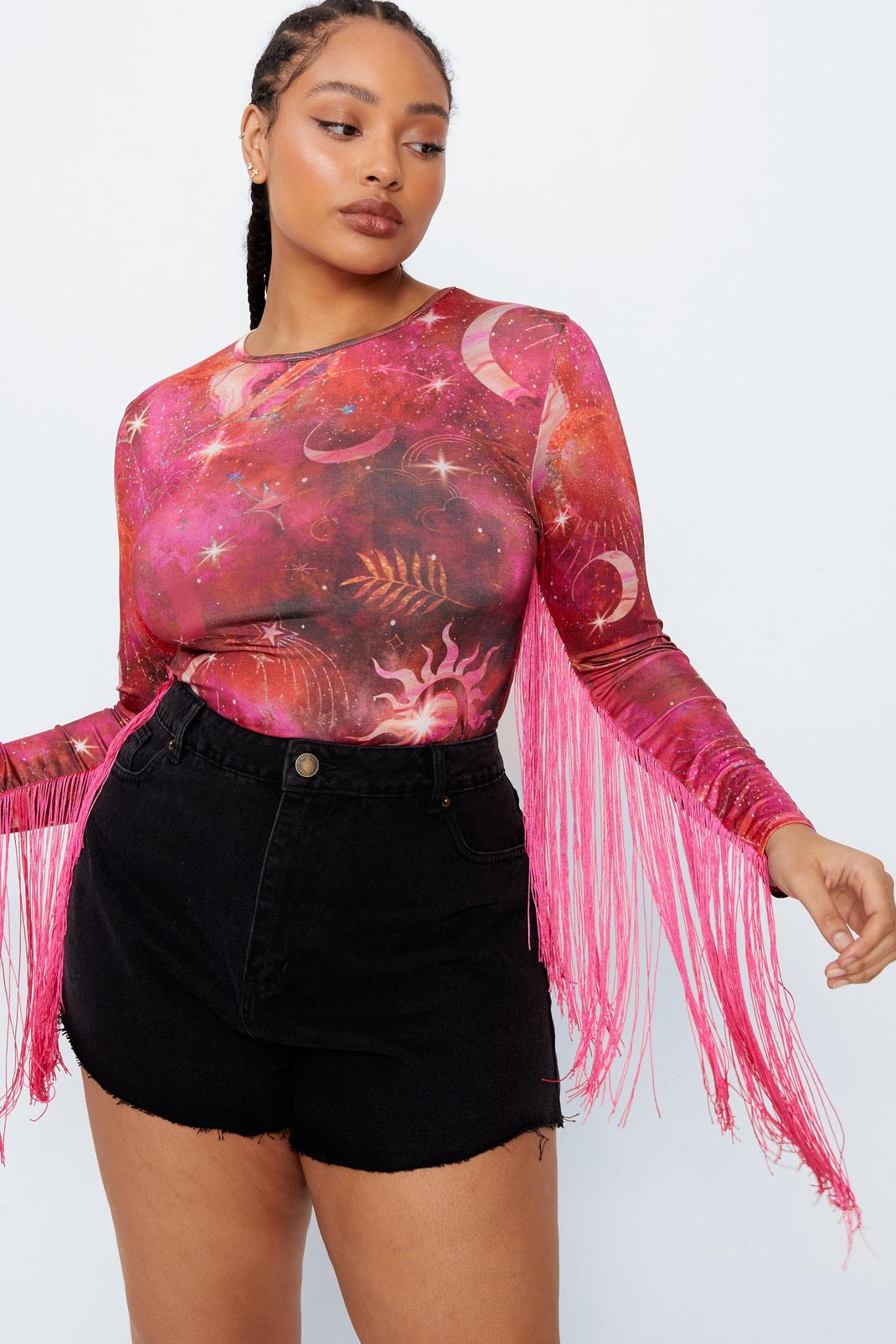 Pink Plus Size Celestial Print Fringe Sleeve Bodysuit  image number 1
