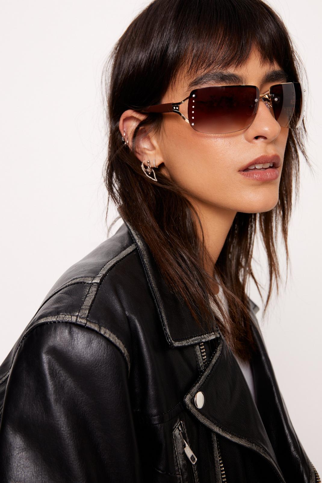 Brown Oversized Diamante Detail Rectangle Sunglasses image number 1