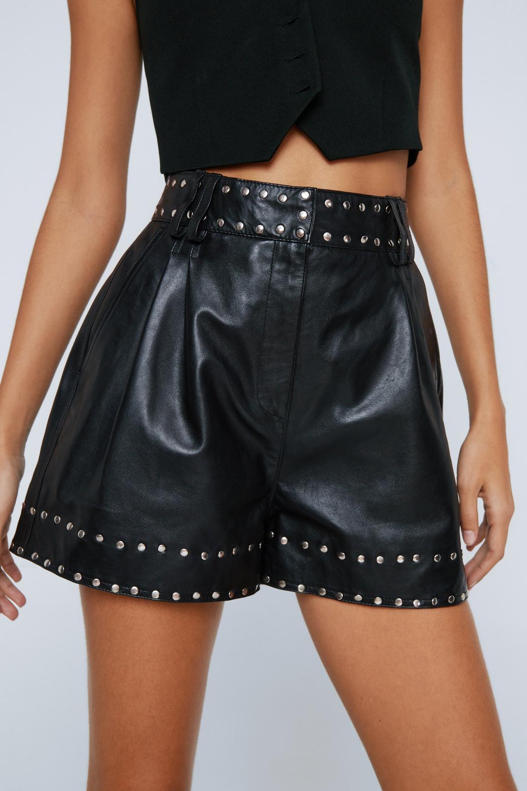 Black Real Leather Studded Shorts image number 1