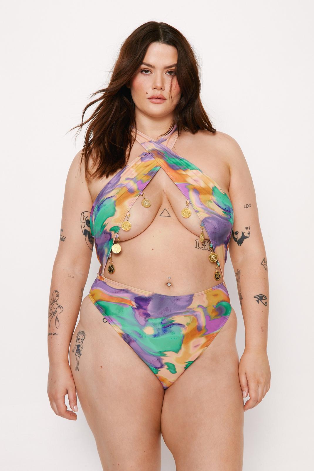 Multi Plus Size Marble Coin Trim Wrap Cut Out Swimsuit  image number 1