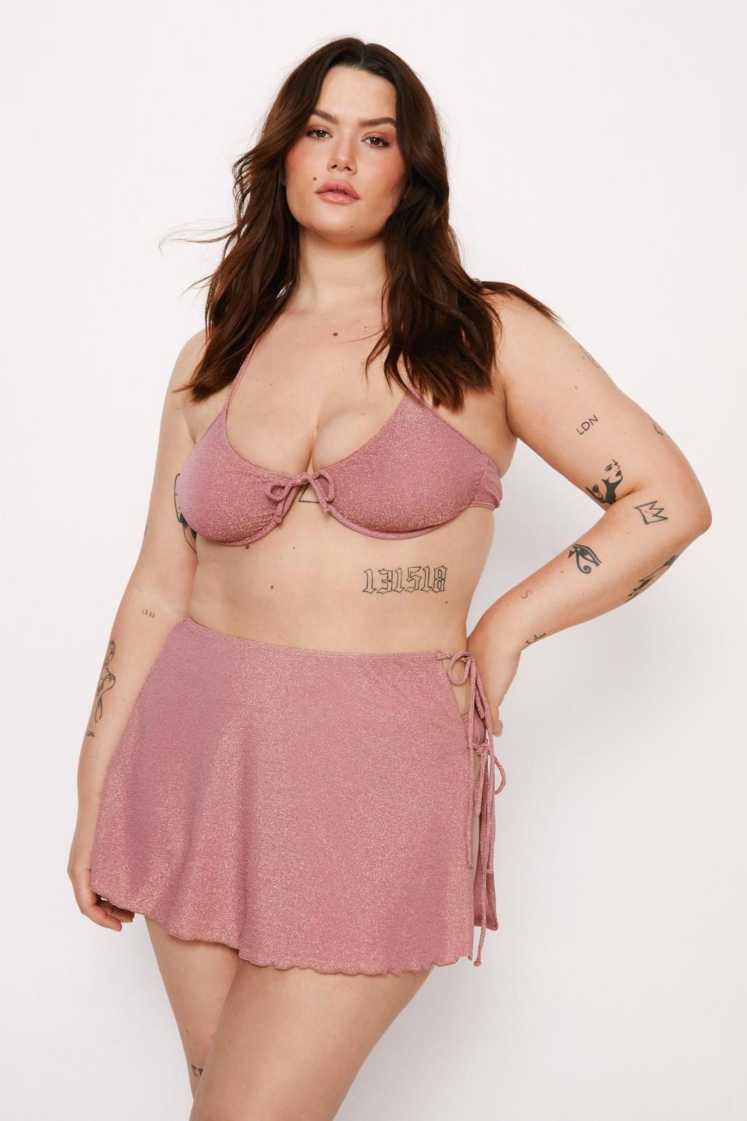 Rose gold Plus Size Glitter Underwire Bikini and Mini Tie Sarong Two Piece Set image number 1