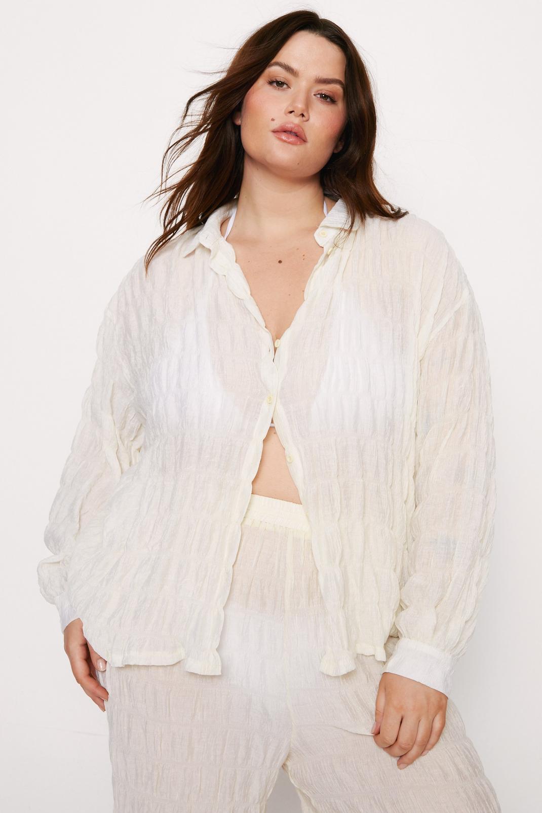 Cream Plus Size Oversized Textured Beach Shirt image number 1