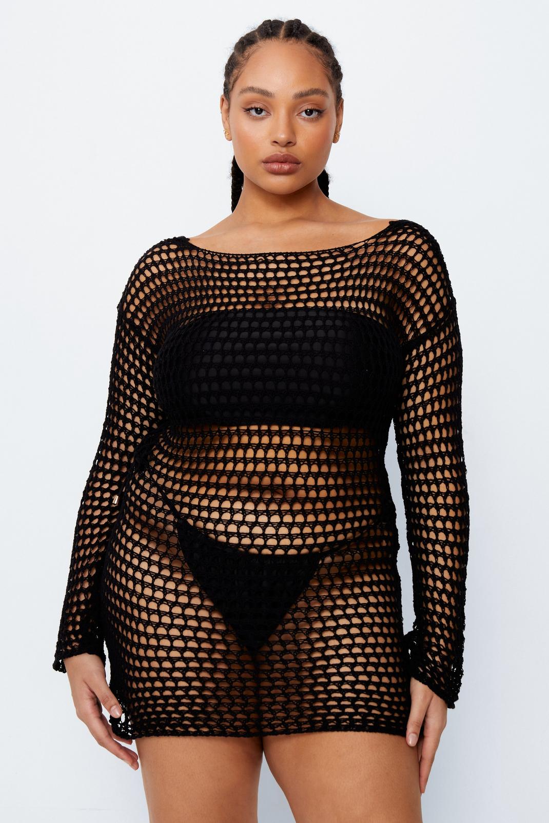Grande taille - Mini robe de plage dos nu en crochet , Black image number 1