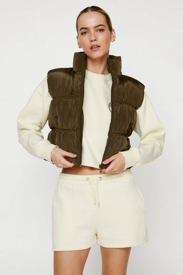 Khaki Ruched Detail Cropped Puffer Gilet