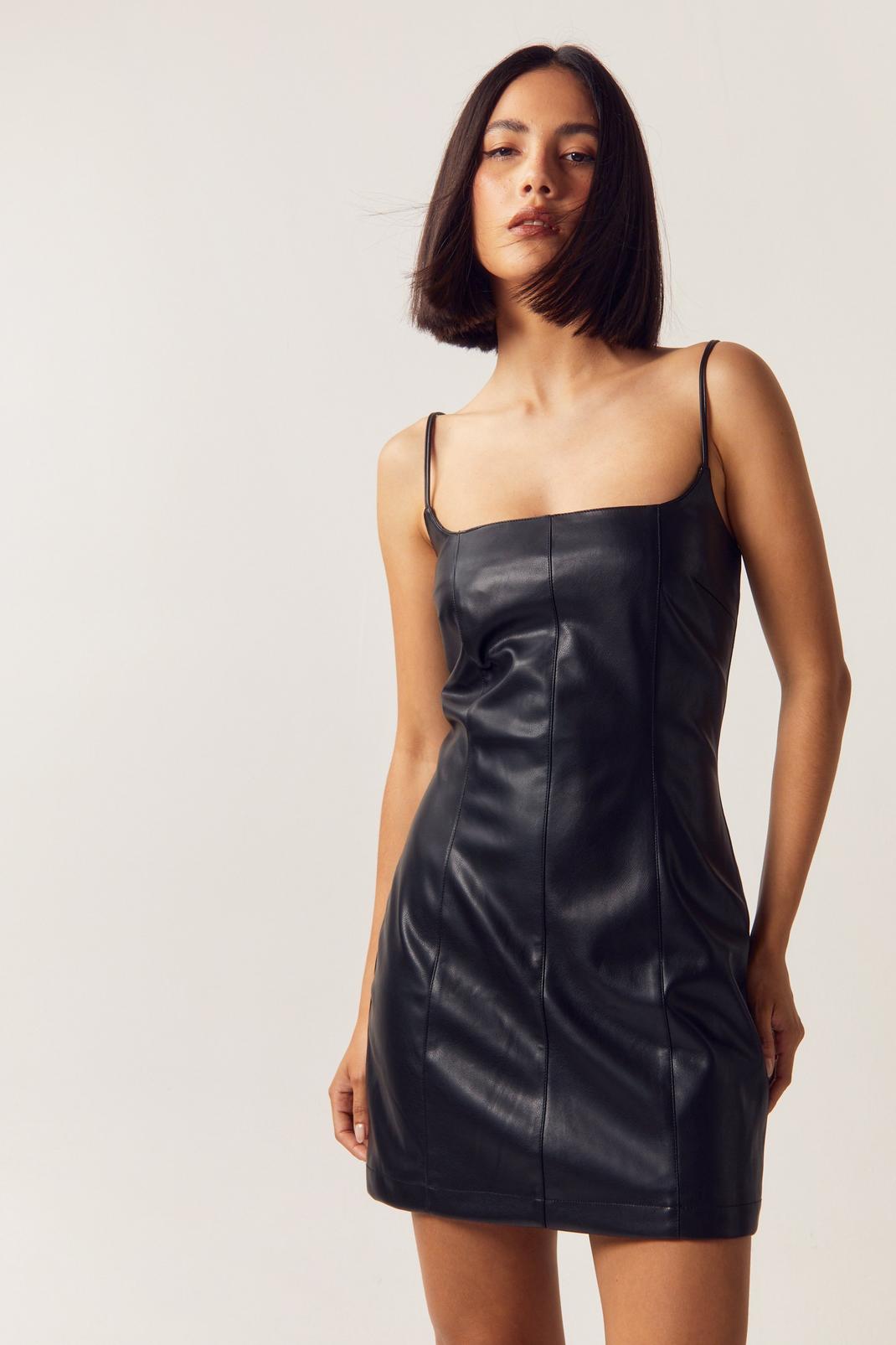 Black Faux Leather Strappy Mini Dress image number 1