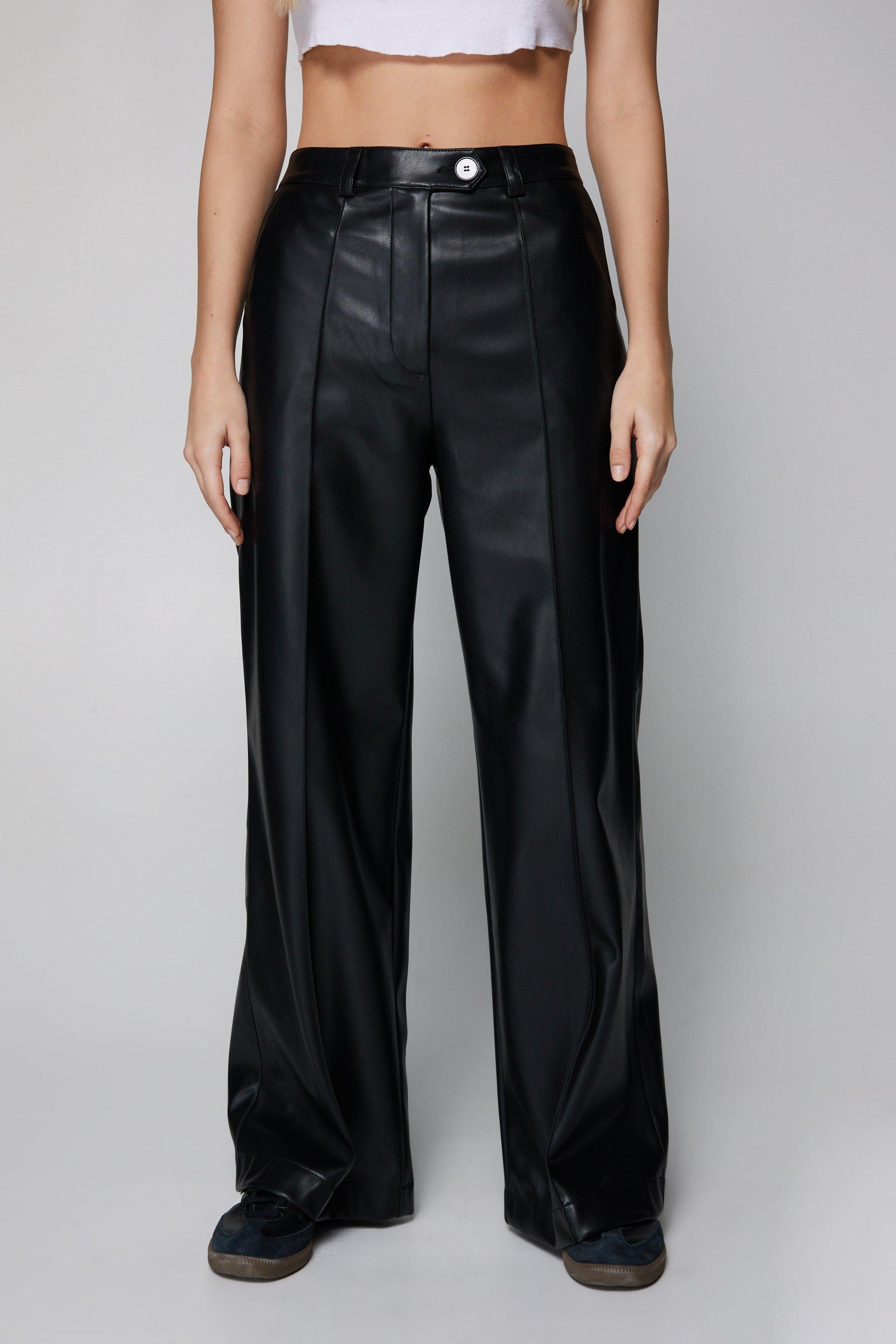 Petite Belted Wide Leg Pants in Faux Leather