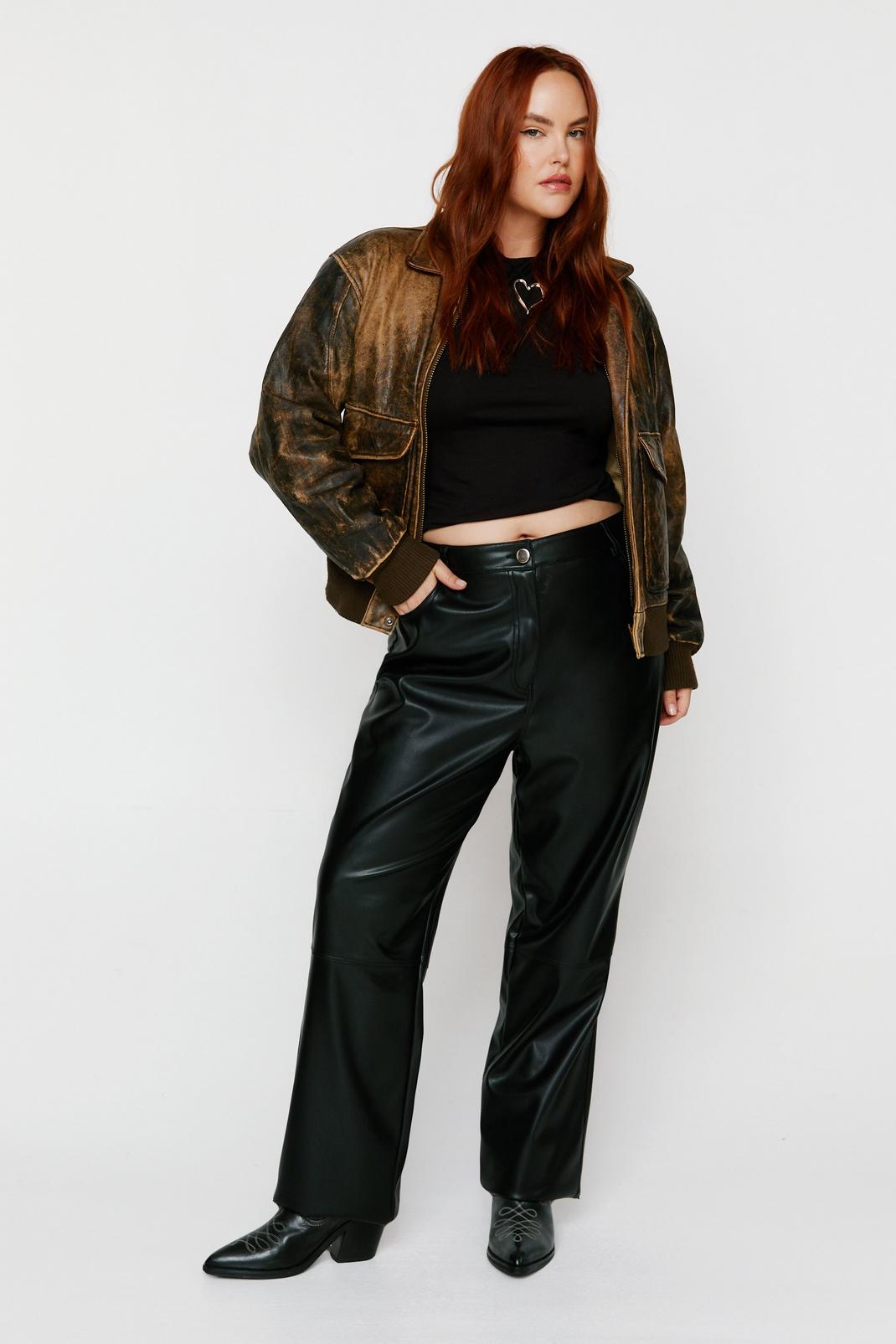 Black Plus Size Faux Leather Straight Leg Trousers image number 1