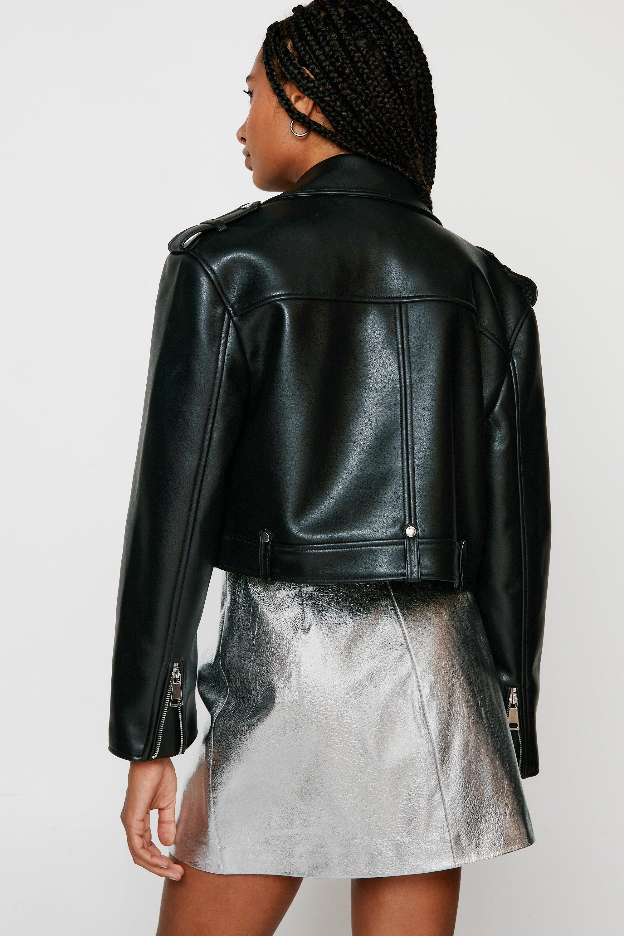 FAUX LEATHER CROP BIKER JACKET - Charcoal