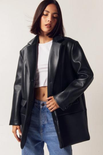 Black Faux Leather Single Breasted Blazer