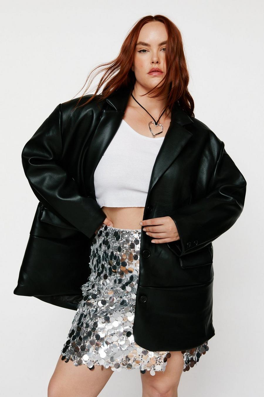 Plus Size Faux Leather Single Breasted Blazer
