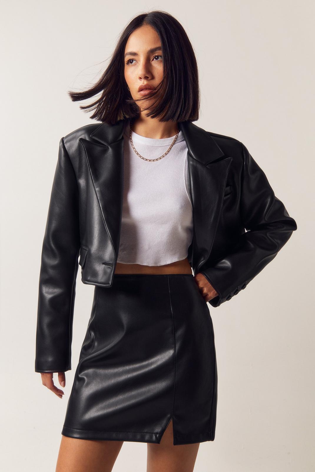 Black Faux Leather Slit Front Mini Skirt image number 1
