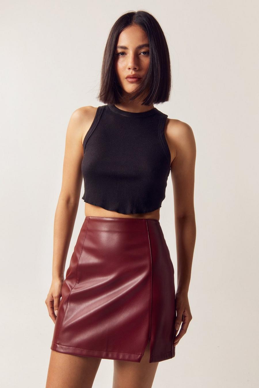 Faux Leather Slit Front Mini Skirt