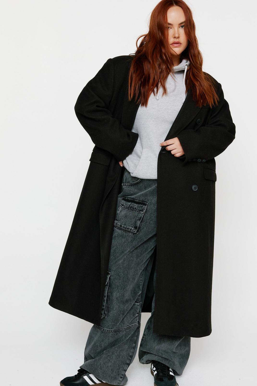 Black Plus Size Contrast Collar Wool Look Tailored Coat image number 1