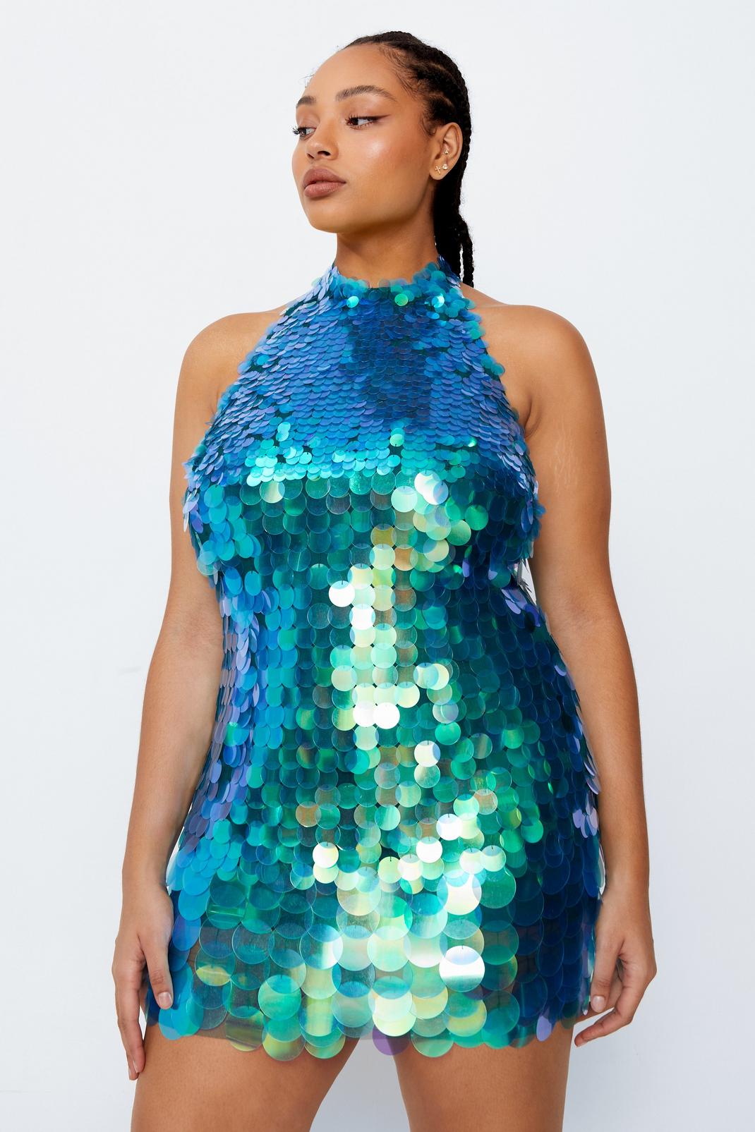 Green Plus Size Mermaid Sequin Halter Neck Mini Dress image number 1